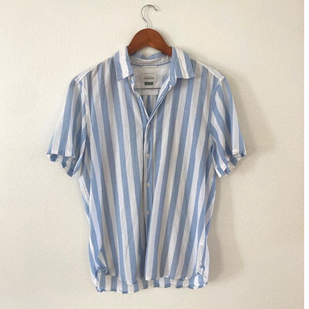 Pull&Bear Men's Light Blue White Short Sleeve Striped Button Cotton Linen Shirt